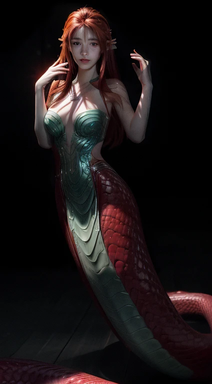 8k  uhd，raw photo，lamia,（mermaids:1.2），（elongated snake tail:1.3），red long-haired，the face is delicate，skin is smooth and delica...