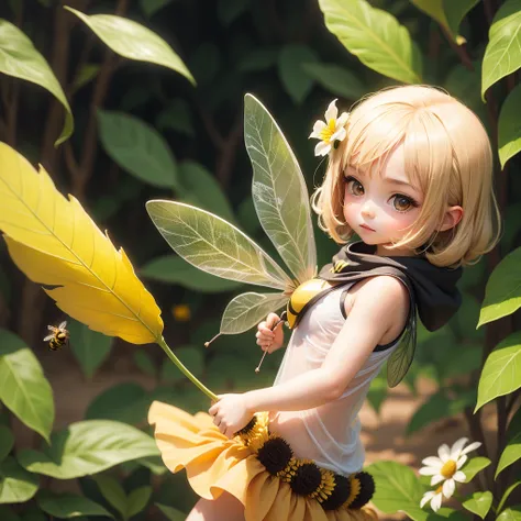 cute little bee girl flower transparent wings bee leaf