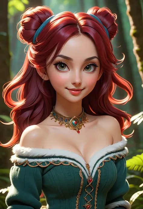 masterpiece, best quality, highly detailed, 1girl, solo, twintails, off-shoulder sweater, cherry red hair. choker, jacket, hairband, looking at viewer, smile, blush, Wide Smile, Eyes Detailed & Wide, sexy Pose. Ultra HD, Rococo-Inspired Fantasy Art With In...