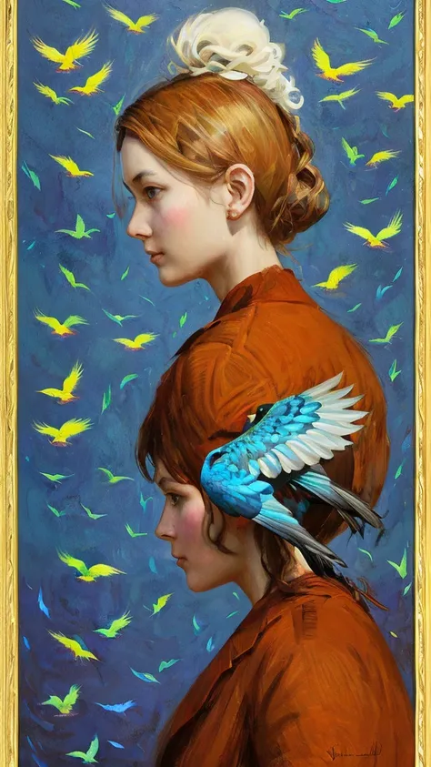 Stylized, artistic illustration featuring a young person with pale skin and long, dark hair, partially obscured by a flock of vibrant blue birds. The subjects facial features are delicate, with large, expressive eyes that gaze directly at the viewer. The b...