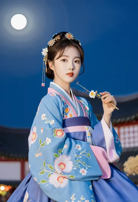 best quality, High target_solve, clearly_image, Detailed background ,girl, Hanbok,flower,flower园,moon, night,Hook of Holland, Wide-angle lens, crown,  