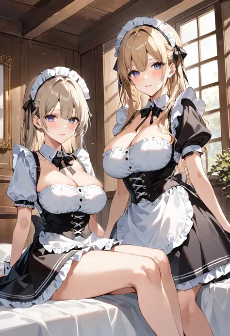 masterpiece, best quality, ultra detailed, detailed eyes, sparkling eyes, nsfw, ((large breasts)), The image depicts two young women dressed in maid outfits, sitting on a bed in a well-lit room with wooden interiors. The woman on the left has long, dark ha...