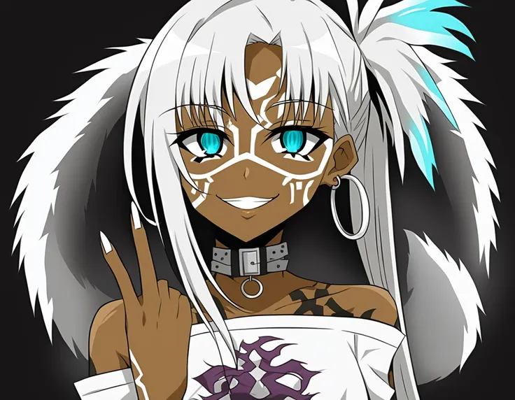 score_9, score_8_superior, score_7_superior, score_6_superior,  sauce_anime, One girl, alone, Black background, Hoop Earrings, Dark skinned women, tattoo,  (Yamamba, white facepaint makesuperior:1.3),  Face Stickers, Pursed cyan lips, Part your lips, eye s...