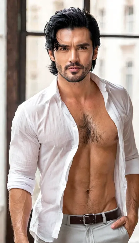 A handsome man with black hair wearing a white shirt showing his hairy chest 