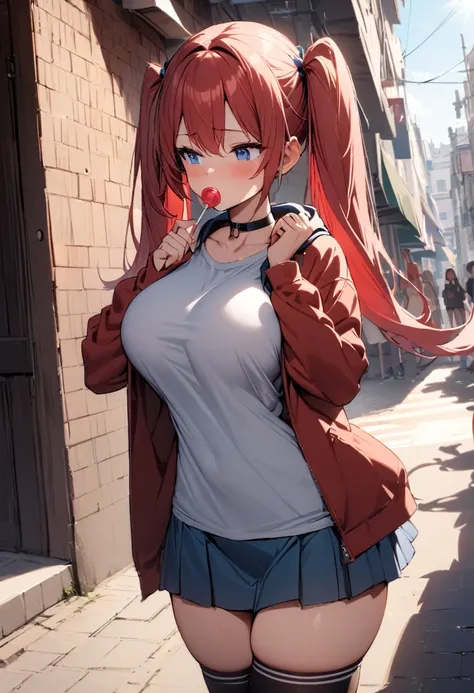 Masterpiece, 1girl, twin tails, long hair, red hair, blue eyes, light blush, lollipop in mouth, sucking a lollipop, choker, tshirts, tight tshirts, hoodie, open hoodie, big breasts, short skirts, thighs, thighhighs boots, sunshine, standing, looking away, ...