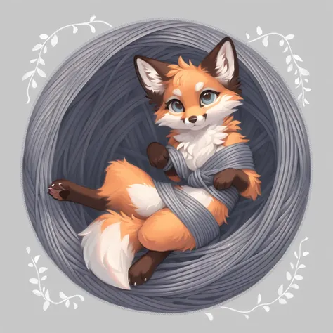 fox kit wrapped up in yarn in gray aesthetic art style
