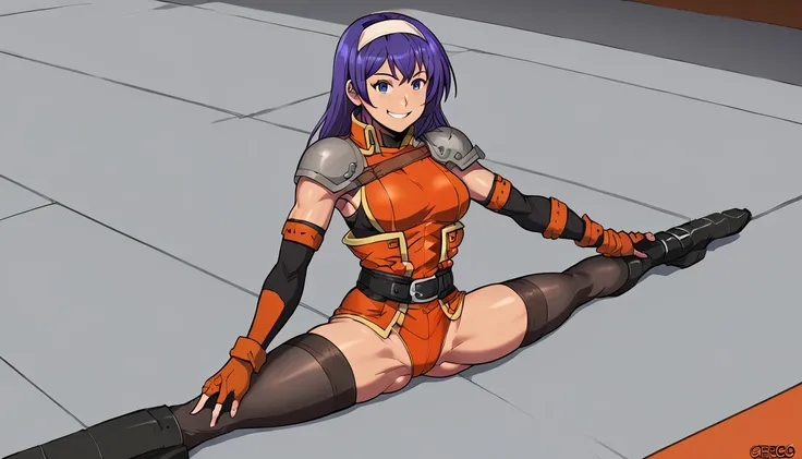 white hairband, shoulder armor, orange dress, underwear, belt, fingerless gloves, thighhighs, boots, purple hair, One girl, An athletic body, Sitting, On the floor, Split Horizon, stretch, horizontal splits, smile, stretch regs