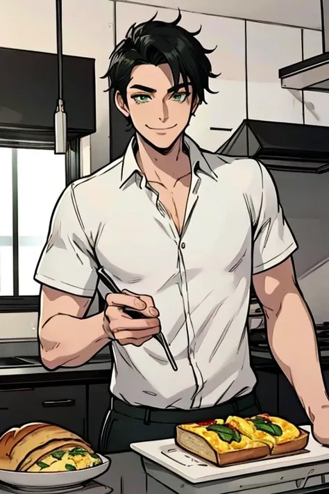 perfect face, perfect hand A black haired man with green eyes in a gothic rolled up shirt and cargo shorts is making breakfast with a big smile in the kitchen