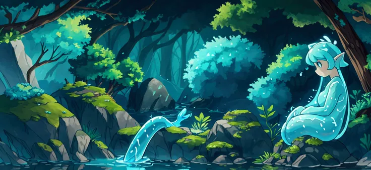 there is a stream surrounded by rocks with mosses, water elemental, blue water waves, water element, Blue Water Anime Wallpaper, iridescence water elemental, water type, water art photoshop, water elves, water art in photoshop, Water Snake, luminous water ...