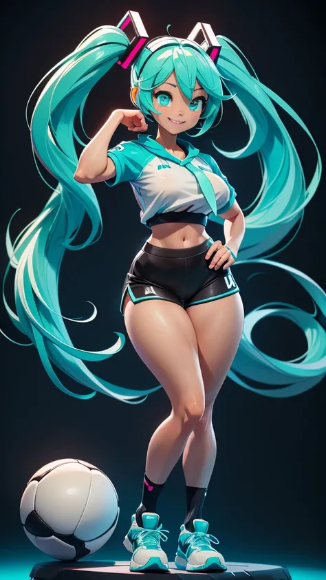 HATSUNE MIKU, HANDS BEHIND HEAD, MONOCHROME, WHITE T-SHIRT, BLACK SHORTS, SPORT BOOTS, CYAN EYES, CYAN HAIR, LIPS, BIG BREASTS, MUSCULAR LEGS, MUSCULAR ARMS, THICK THIGHS WIDE HIPS, CURVY SHAPES, SMILE, DANCING