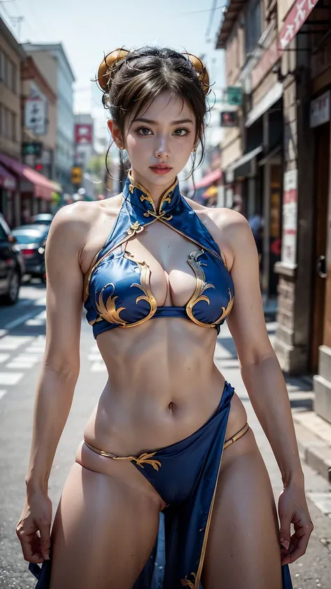 Create a hyper-realistic masterpiece of sexy Chun-Li, Goddess of beauty, she is adorable, has well-shaped lips. She is known for her classic and graceful beauty, defined body with sexy curves, sexy waist, slim leg, the iconic character from the sixth Stree...