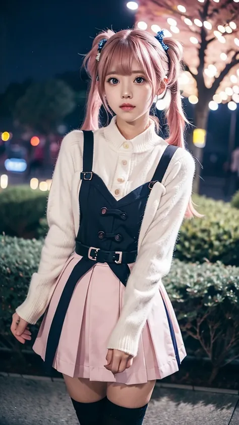 KokoaAisu, 1girl, blue skirt, blurry, blurry background, blurry foreground,   day, depth of field, photo background, thighhighs, town, tree, zettai ryouiki, short twintails, pink hair, tokyo (city), japan, shop, night, night sky, 
masterpiece, best quality...