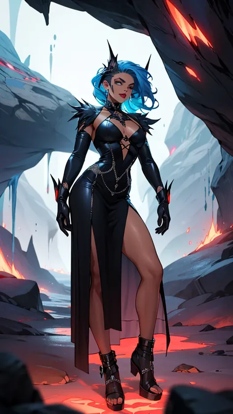 Gay, drag queen, tan skin, lattin, clothing, goth, futuristic dress, long gloves, fashion, futuristic, danger, evil, poison, long blue hair, inside the cave, dark, glowing lava, venom, danger, evil