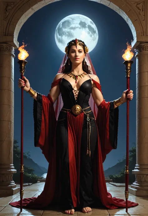 charachter: Hecate, Greek goddess, with their traditional costumes (long robe, veil, torch and dagger).
scenario: Open-air temple with classical Greek columns, in Doric or Ionic style. The floor of the temple is covered in gently flowing shallow waters.
el...