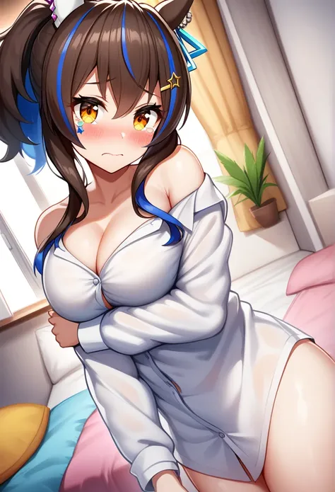 1Girl,solo,daitaku helios(umamusume), umamusume,ster, black hair, ponytail, horse ears, breasts, solo, large breasts, shirt, cleavage, bed, tears, breast hold, naked shirt,blush, pillow, off shoulder, white shirt, looking at viewer, dress shirt, hair ornam...