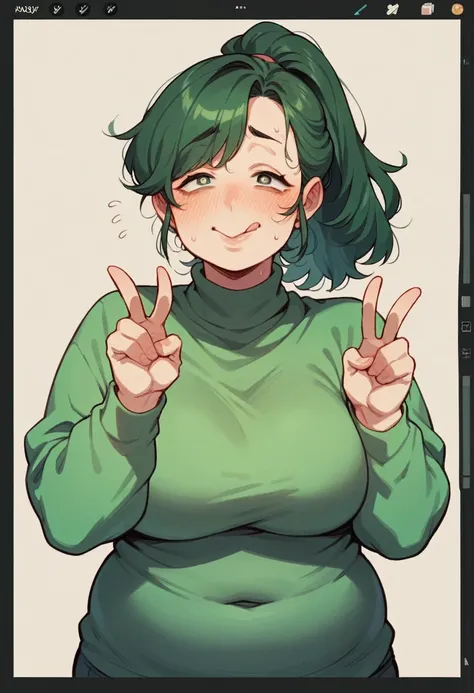 Anime Screenshot, chubby, milf, shy, pudgy face, large round eyes, dark green hair, ponytail, sweater, peace signs, sticking tongue out of mouth, sweating, nervous smile