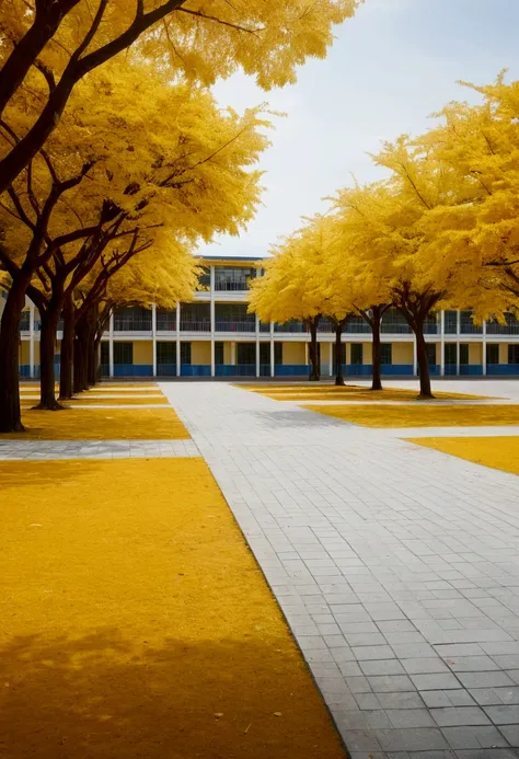 blurred background image, school yard, background, TREES, yellow school, white fences, segundo plano ultra 真实感, 真实感, 4K