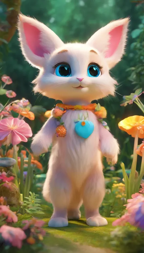 Big sparkling eyes、Fluffy fur、Have small ears、rabbit、Fox、A cute fantasy animal that combines the characteristics of a cat.。Pastel-colored fur shines softly、Standing in a magical forest with colorful flowers and glowing mushrooms。