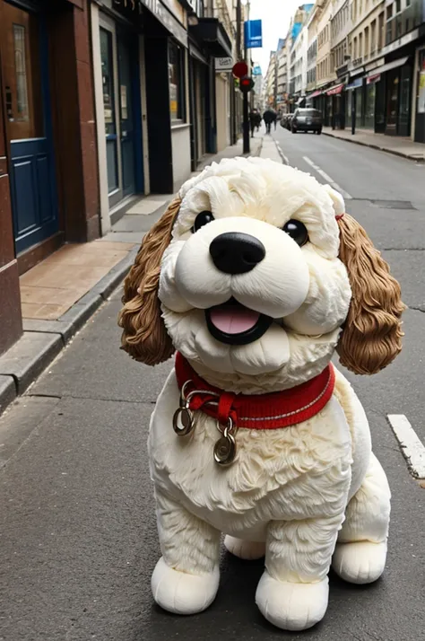 happy stuffed dog, very hairy, street, Buildings 