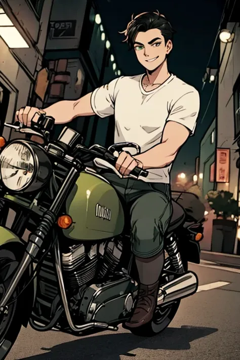 perfect face, perfect hand A black haired man with green eyes in a gothic rolled up shirt and cargo shorts is riding a motorcycle with a big smile
