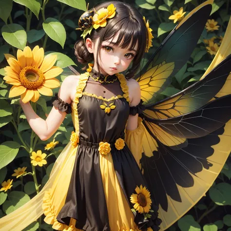 cute bee girl flower transparent wings bee leaf yellow and black clothes fairy