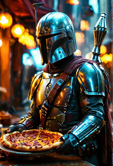 a star wars scene with the mandalorian holding a lightsaber at night on coruscant , Mandalorian helmet,eating pizza