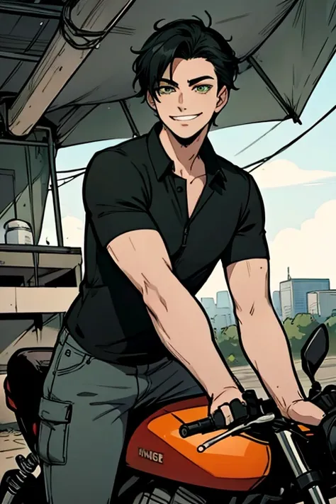 perfect face, perfect hand A black haired man with green eyes in a gothic rolled up shirt and cargo shorts is riding a motorcycle with a big smile
