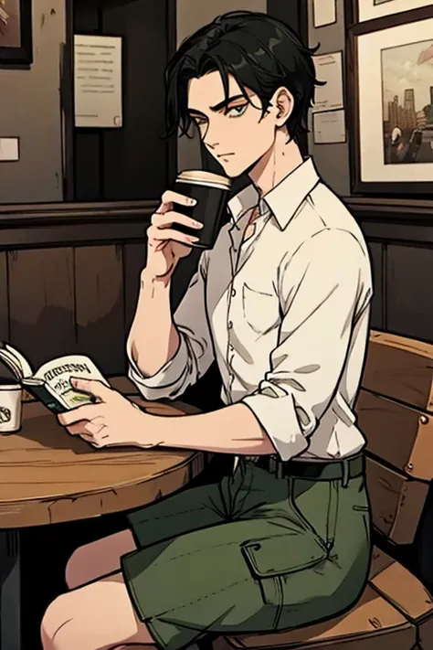 perfect face, perfect hand A black haired man with green eyes in a gothic rolled up shirt and cargo shorts is reading in a coffee shop