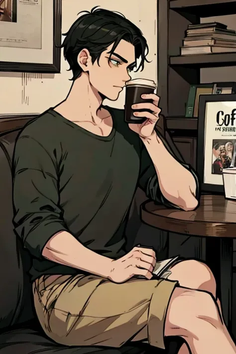 perfect face, perfect hand A black haired man with green eyes in a gothic rolled up shirt and cargo shorts is reading in a coffee shop