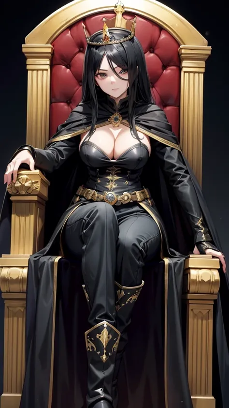 One-eyed adult woman with long black hair，crown，cleavage，Black cape，，trousers，boots，black gold palace，throne