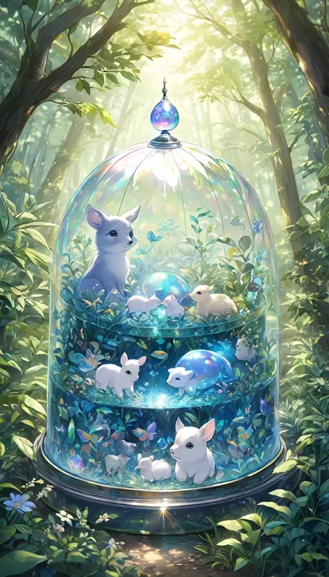 Seed 2950548102　かわいいBaby Animals, Baby Animals, cute Baby Animals, Baby Animals taking shelter, Transparent iridescent dome, Semi-transparent iridescent dome, Iridescent blue dome, Open Forest, detailed, incredibly detailed, absurdly detailed, dynamic, del...