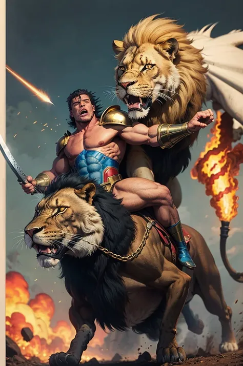 black man riding a lion, wearing bronze armor, battle pose, holding sword and shield, exuberant muscles, ​masterpiece