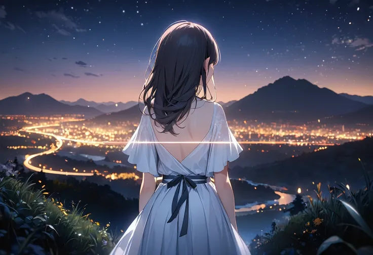 (((zoom out))),8K,((Highest quality)),((high-res)),((shot from behind)),night,She stands front of a beautiful landscape, ,soft focus,thank you!