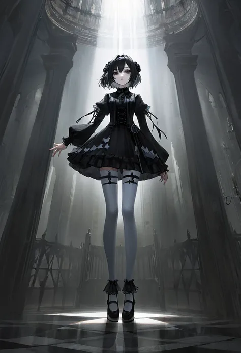 Masterpiece, absurdness, cinematic backlight, high detailed, black hair, gothic lolita, full body, standing, white thighhighs,