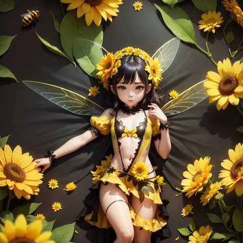 cute bee girl flower transparent wings bee leaf yellow and black clothes fairy