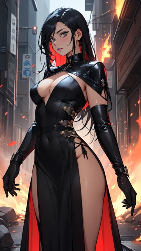 Gay, tan skin, lattin, clothing, goth, futuristic dress, long gloves, long black hair, fashion, fire godess