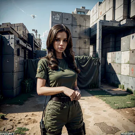 a photo-realistic video game crossover, and lana del rey in a playground with call of duty military gear, minecraft blocks and elements, y el juego mobile legends characters, highly detailed, cinematic lighting, vibrant colors, epic composition