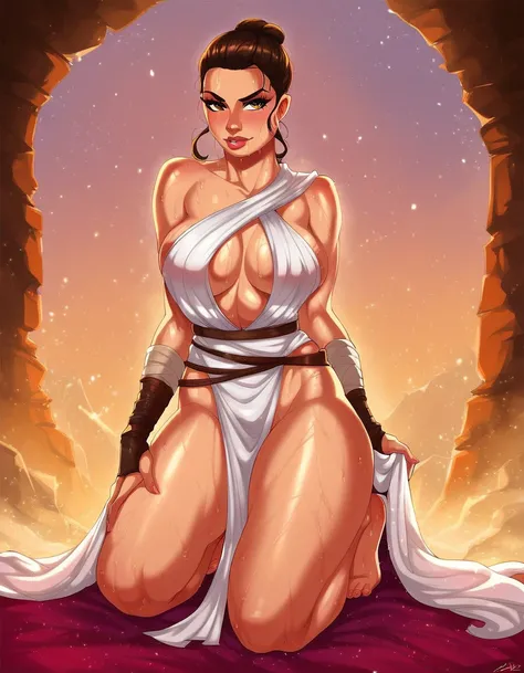 score_9, score_8_up, score_7_up, score_6_up, source_cartoon, Rey Skywalker, white tunic, large breasts, pelvic curtain, full body, sweaty, wet, vivid lips, front view, 