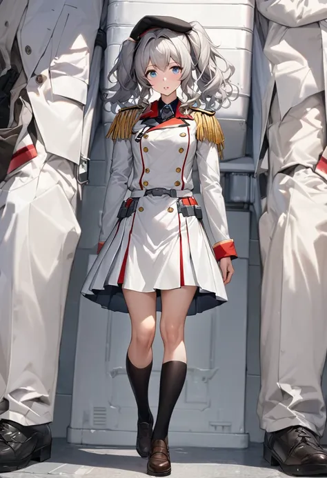 One young beautiful woman,(Highest quality,Extremely detailed depiction,Incredibly absurd high resolution,Anatomically accurate depiction), solo focus, (full body shot:1.1), (kashima /(kancolle/):1.2),Pleated skirt,Black knee-high socks,Blue Eyes,Details,L...