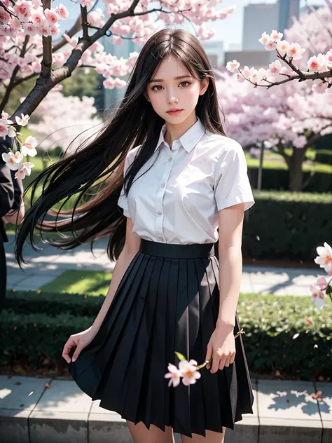 1girl, black skirt, branch, building, chain-link fence, cherry blossoms, fence, long hair, outdoors, petals, pleated skirt, rain, shirt, short sleeves, skirt, solo, standing, tree,
sky,street,Raw, cinematic shot, (sharp focus:1.5), (photorealistic:1.4), tw...