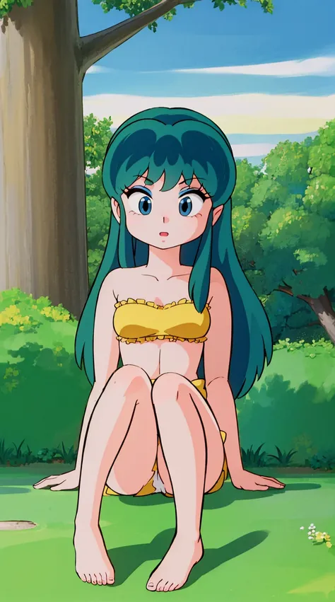 (score_9, score_8_up, score_7_up), 1girl, solo, lum, blue eyes, green hair, long hair, teenager, yellow summer dress, yellow sundress, off shoulder, source_anime, medium breasts, outdoors, vines, flowers, garden, bellybutton, swing, sitting on swing, tree,...