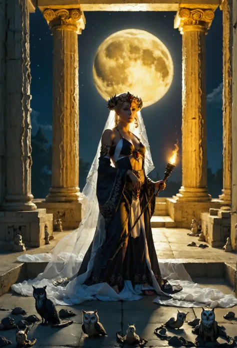 charachter: hecate, greek goddess, with their traditional costumes (long robe, veil, torch and dagger). scenario: open-air templ...