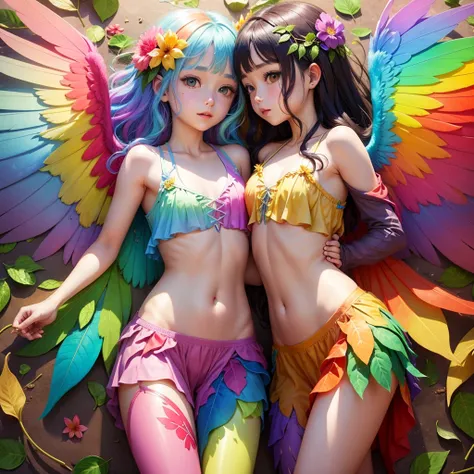 cute rainbow hair rainbow wings flowers transparent wings leaves clothes made of leaves 
