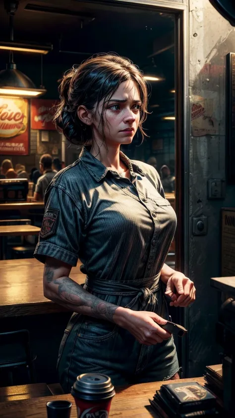 a tired old fast food restaurant worker, carrying orders to customers, dealing with customer complaints, hyperrealistic, photorealistic, extremely detailed, highly detailed, cinematic lighting, dramatic shadows, moody atmosphere, gritty urban setting, real...