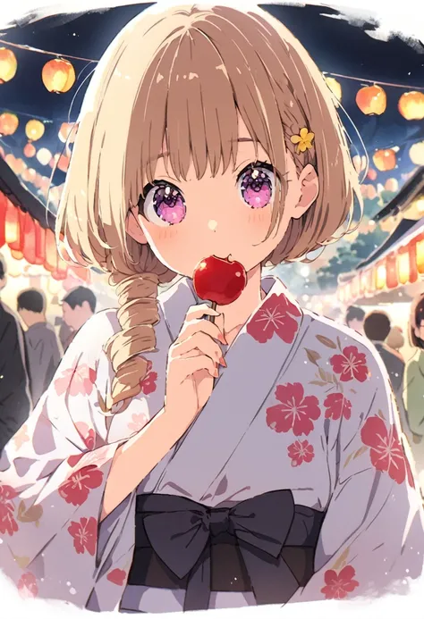 cute girl, yukata, watercolor, clear, anime style illustration, cute illustration, beautiful detail, fain touch outline, cute girl is eating a apple candy, りんご飴、 delicious looking, japanese festival, night, cute illustration, best quality, top quality, mas...