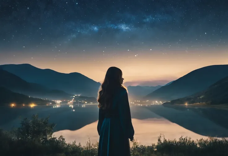 (((zoom out))),8K,((Highest quality)),((high-res)),((shot from behind)),night,She stands front of a beautiful landscape, ,soft focus,thank you!