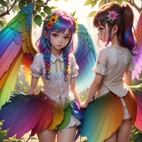 cute rainbow hair rainbow wings flowers transparent wings leaves clothes made of leaves 
