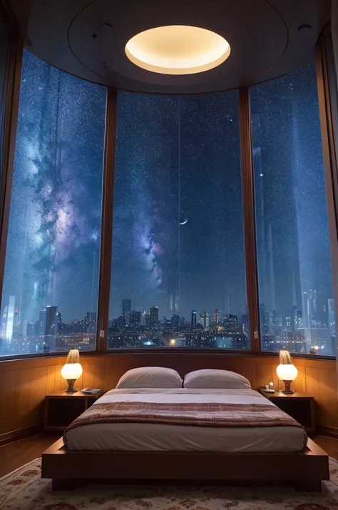 Spaceship、A round window offers a view of the universe、A window on the ceiling offers a view of the dim starscape of space.、There is a big bed that is over 2 meters long.、carpet、You can see the living room in the back、A spacious bedroom with indirect light...