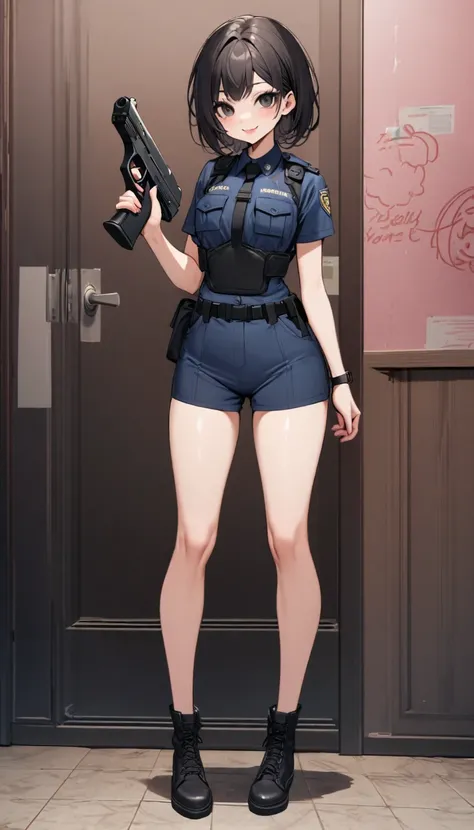 Can you draw a young woman Resident Evil style? Adding: Tight police clothing, holding a gun, with long black hair, with heart-shaped bangs, with a sweet look, light pink lips, smiling, black eye color, full body, peach skin.