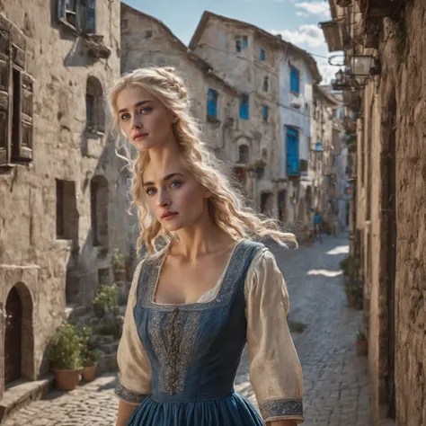 best qualityer, work of art, photo realist, details Intricate, CRU photo, ultra detaild, old fashioned young woman, with peasant style dress, no cleavage, hair blonde, perfect detailed blue eyes, walking in an old town, qualidade hd, 8K, young woman, 20 ye...